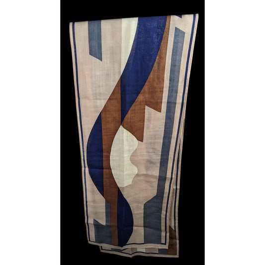 Vintage 70s Brown And Blue Abstract Geometric Scarf