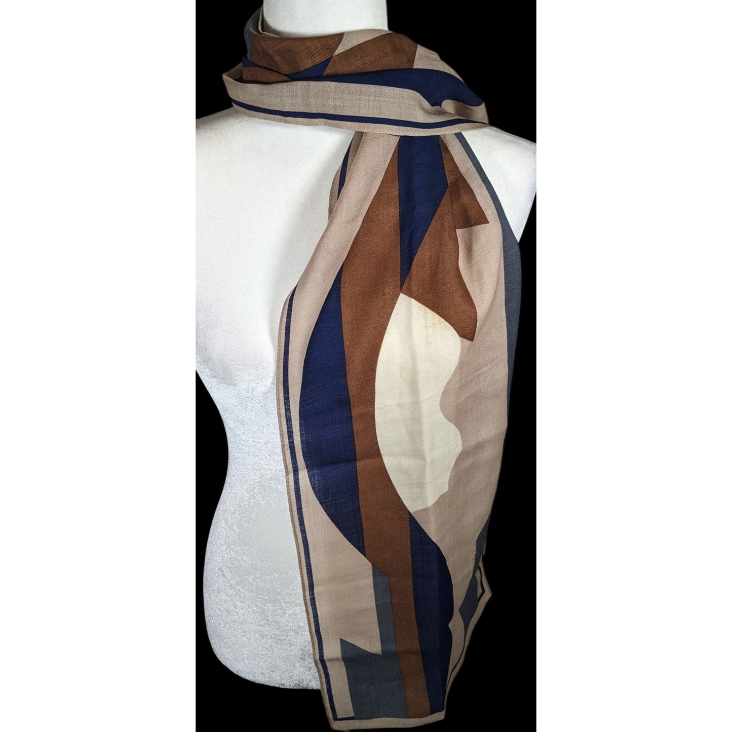 Vintage 70s Brown And Blue Abstract Geometric Scarf