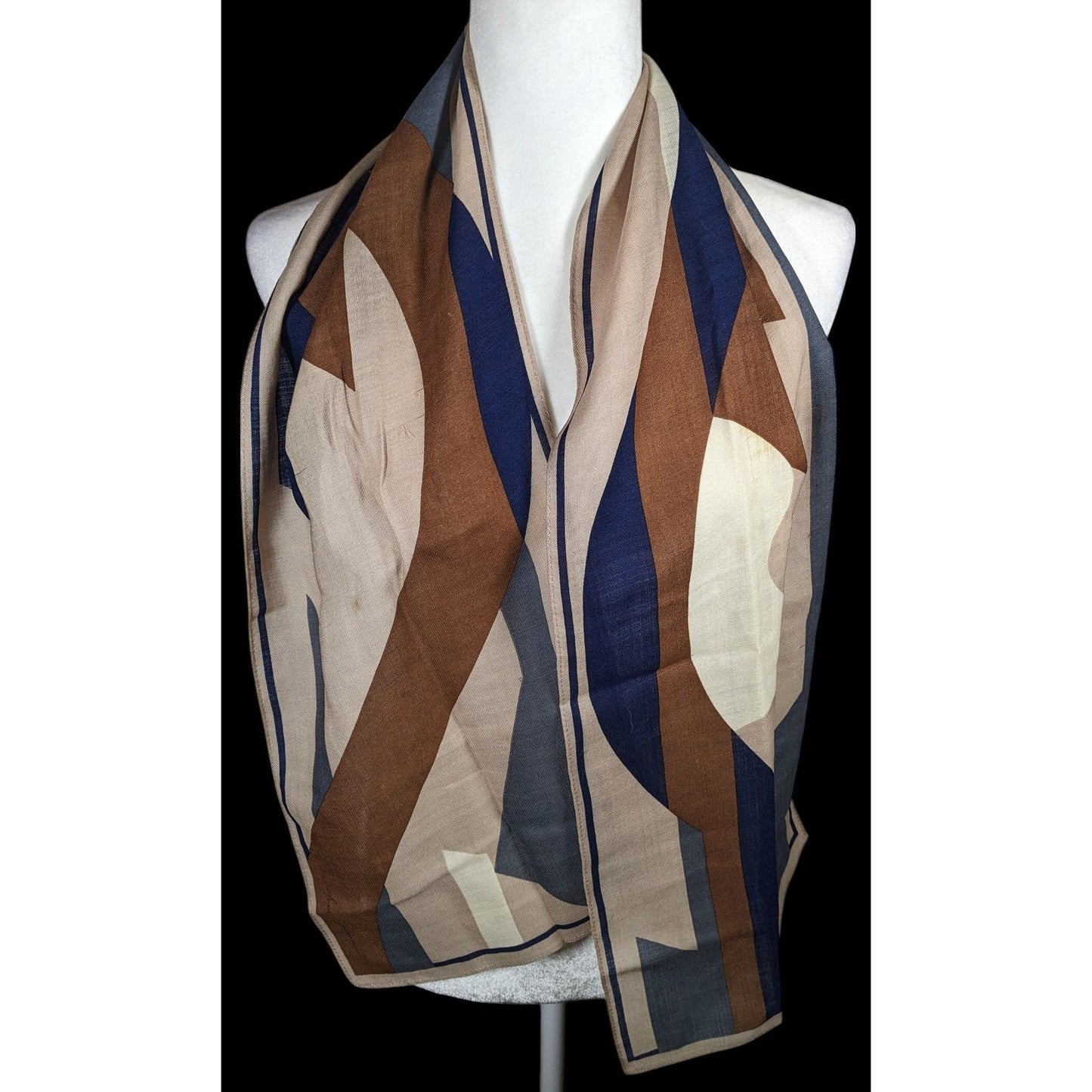 Vintage 70s Brown And Blue Abstract Geometric Scarf