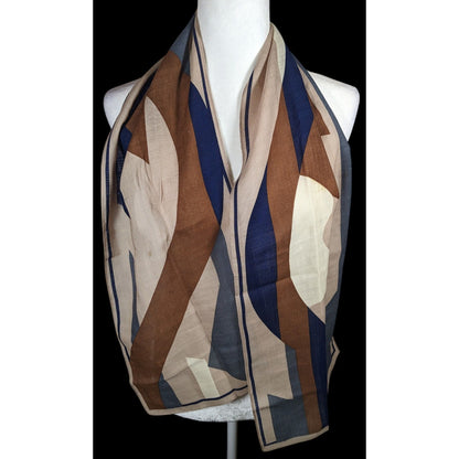 Vintage 70s Brown And Blue Abstract Geometric Scarf