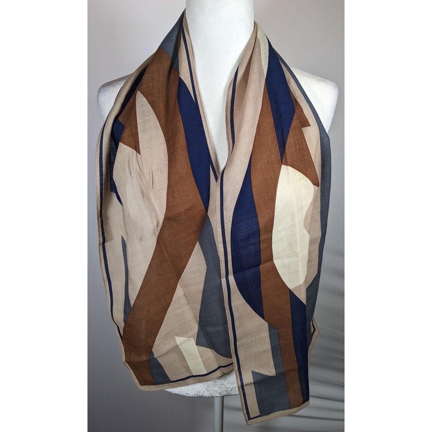 Vintage 70s Brown And Blue Abstract Geometric Scarf