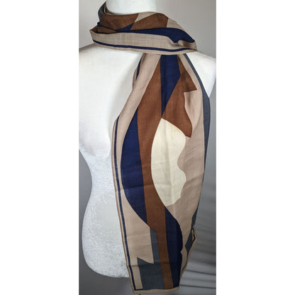 Vintage 70s Brown And Blue Abstract Geometric Scarf