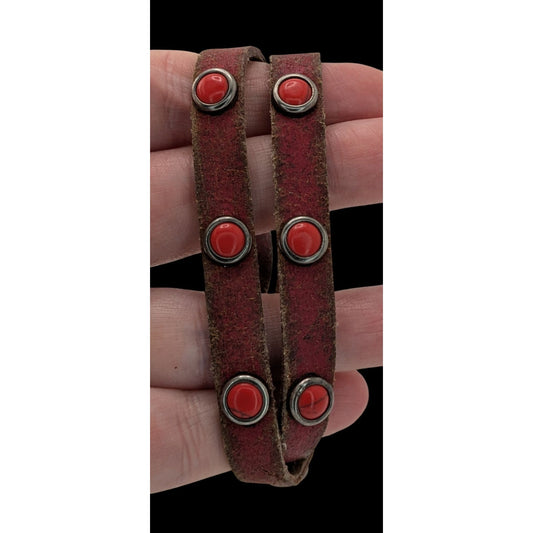 Rustic Bohemian Red Leather Wrap Bracelet With Red Stone Accents