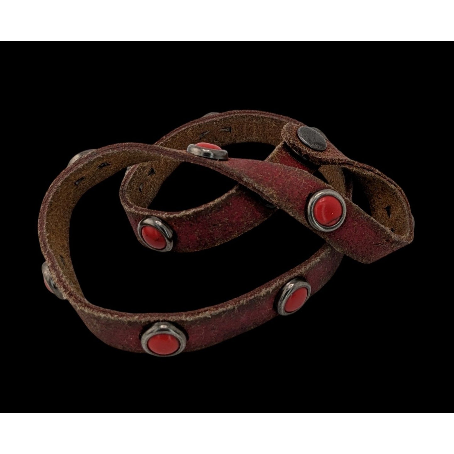 Rustic Bohemian Red Leather Wrap Bracelet With Red Stone Accents