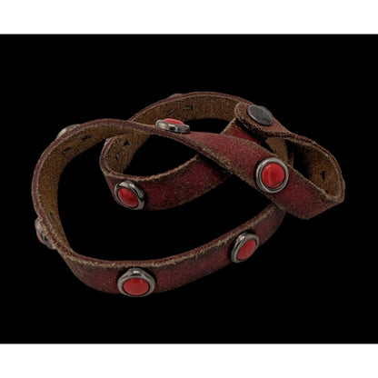 Rustic Bohemian Red Leather Wrap Bracelet With Red Stone Accents