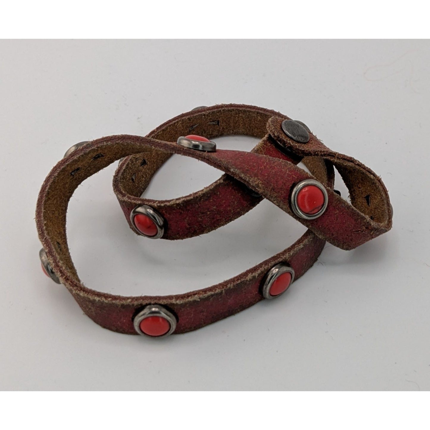 Rustic Bohemian Red Leather Wrap Bracelet With Red Stone Accents