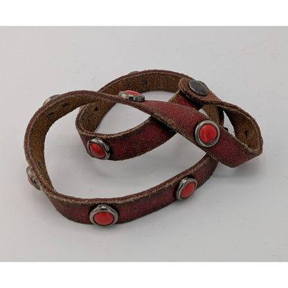 Rustic Bohemian Red Leather Wrap Bracelet With Red Stone Accents