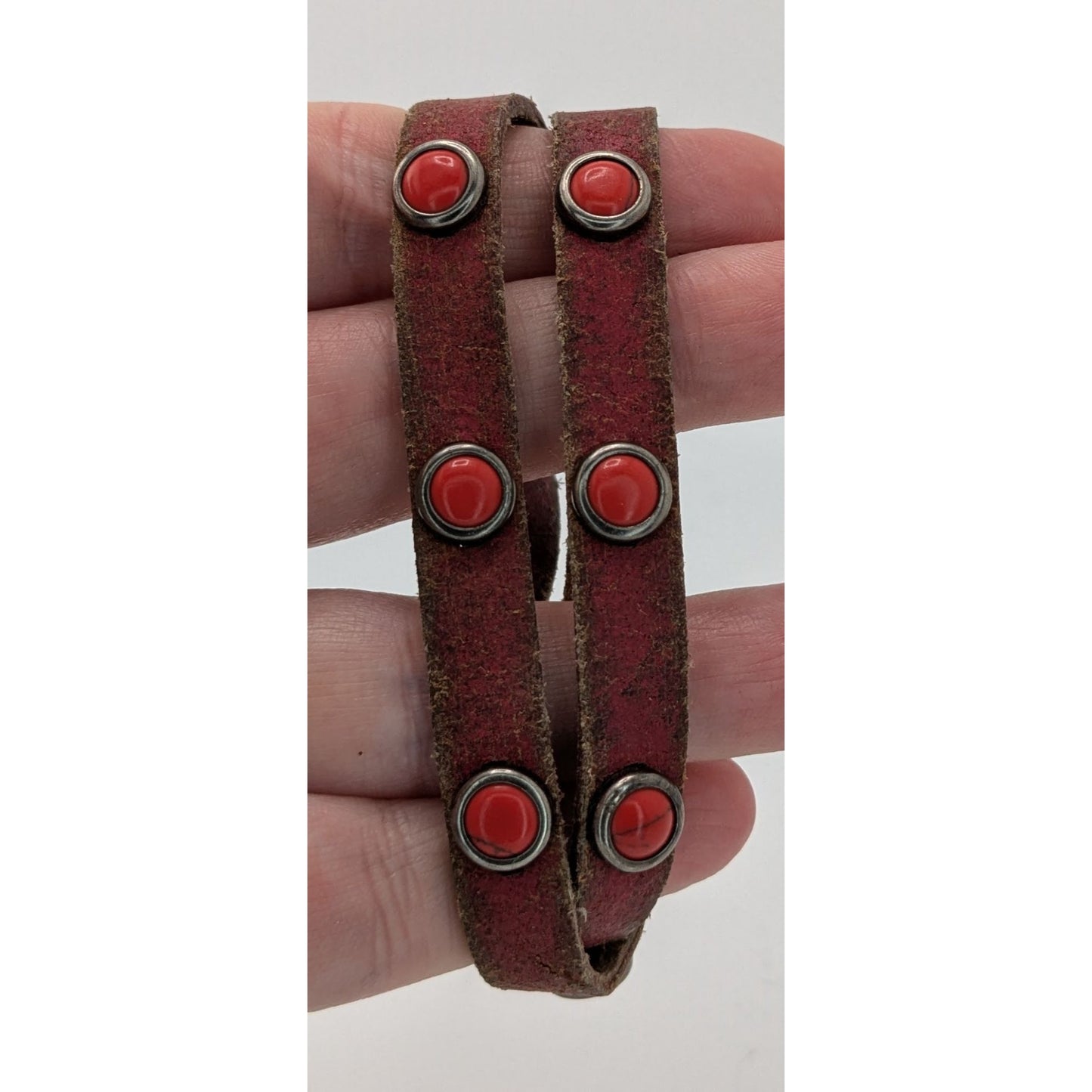 Rustic Bohemian Red Leather Wrap Bracelet With Red Stone Accents