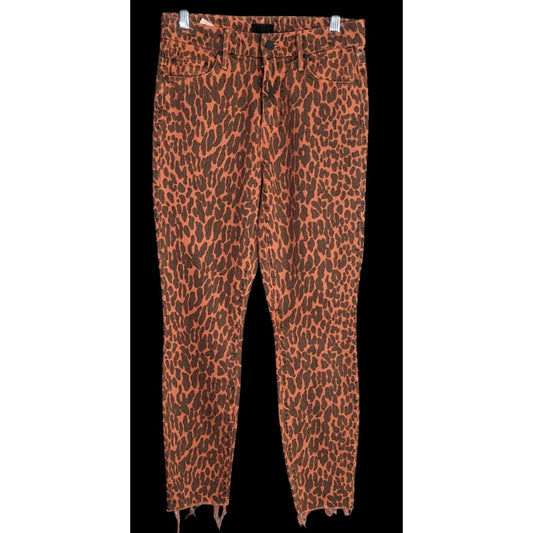 Mother Leopard Print Frayed Hem High-Rise Skinny Jeans