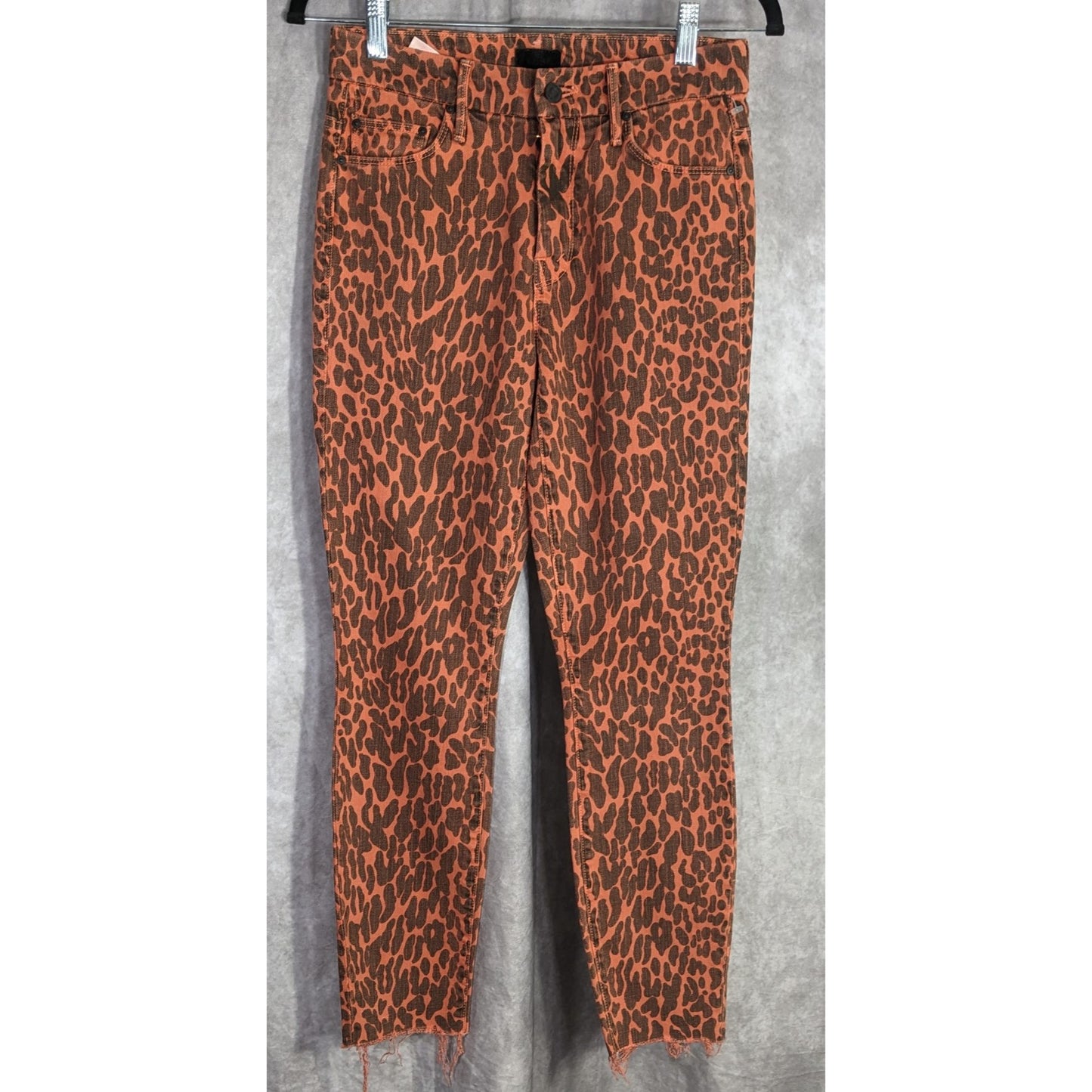 Mother Leopard Print Frayed Hem High-Rise Skinny Jeans
