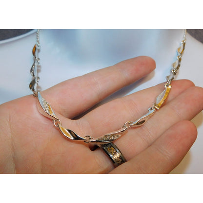 Rhinestone Twisted Leaf Link Necklace With Rhinestone Accents And Pearl Back
