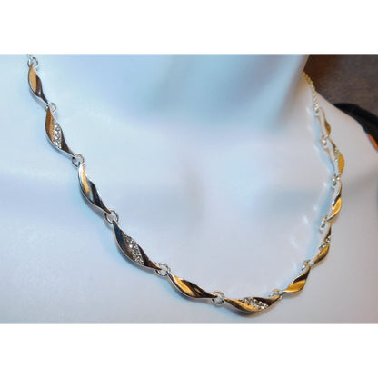 Rhinestone Twisted Leaf Link Necklace With Rhinestone Accents And Pearl Back