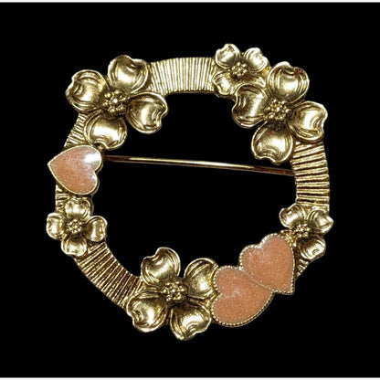 Vintage Gold Tone Floral Heart Wreath Brooch