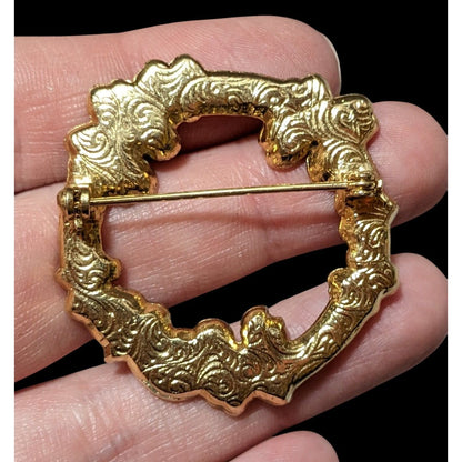 Vintage Gold Tone Floral Heart Wreath Brooch