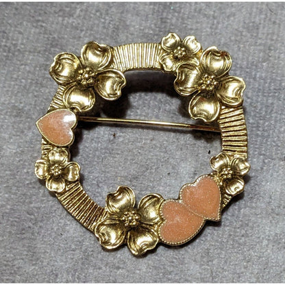 Vintage Gold Tone Floral Heart Wreath Brooch