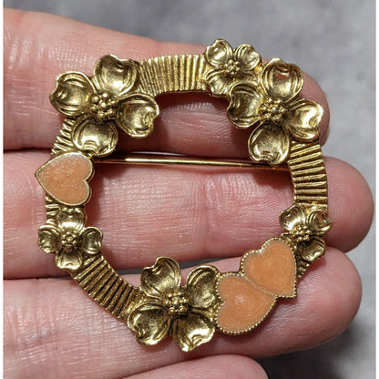 Vintage Gold Tone Floral Heart Wreath Brooch