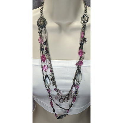 Y2K Glam Goth Multi-Layered Necklace With Pink & Silver Tone Beads