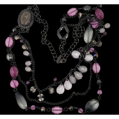 Y2K Glam Goth Multi-Layered Necklace With Pink & Silver Tone Beads
