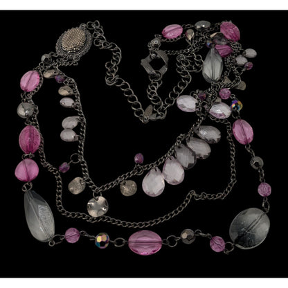 Y2K Glam Goth Multi-Layered Necklace With Pink & Silver Tone Beads