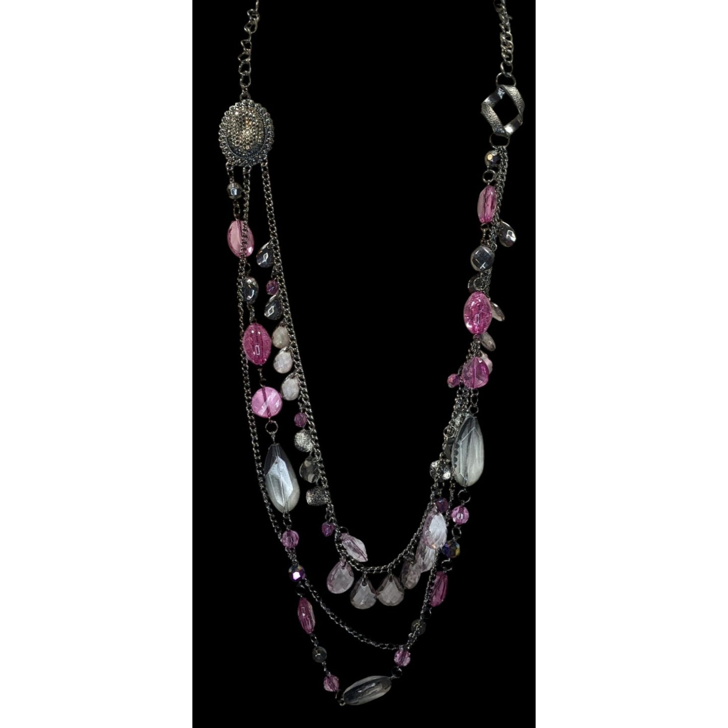 Y2K Glam Goth Multi-Layered Necklace With Pink & Silver Tone Beads