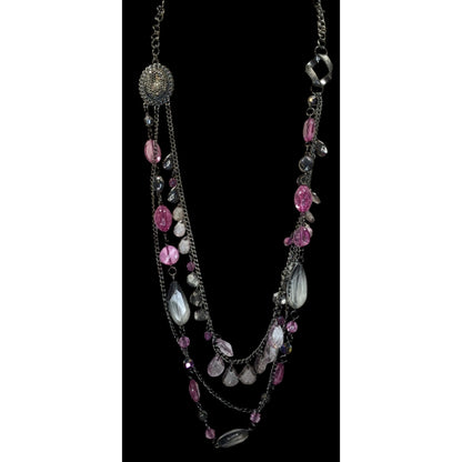 Y2K Glam Goth Multi-Layered Necklace With Pink & Silver Tone Beads