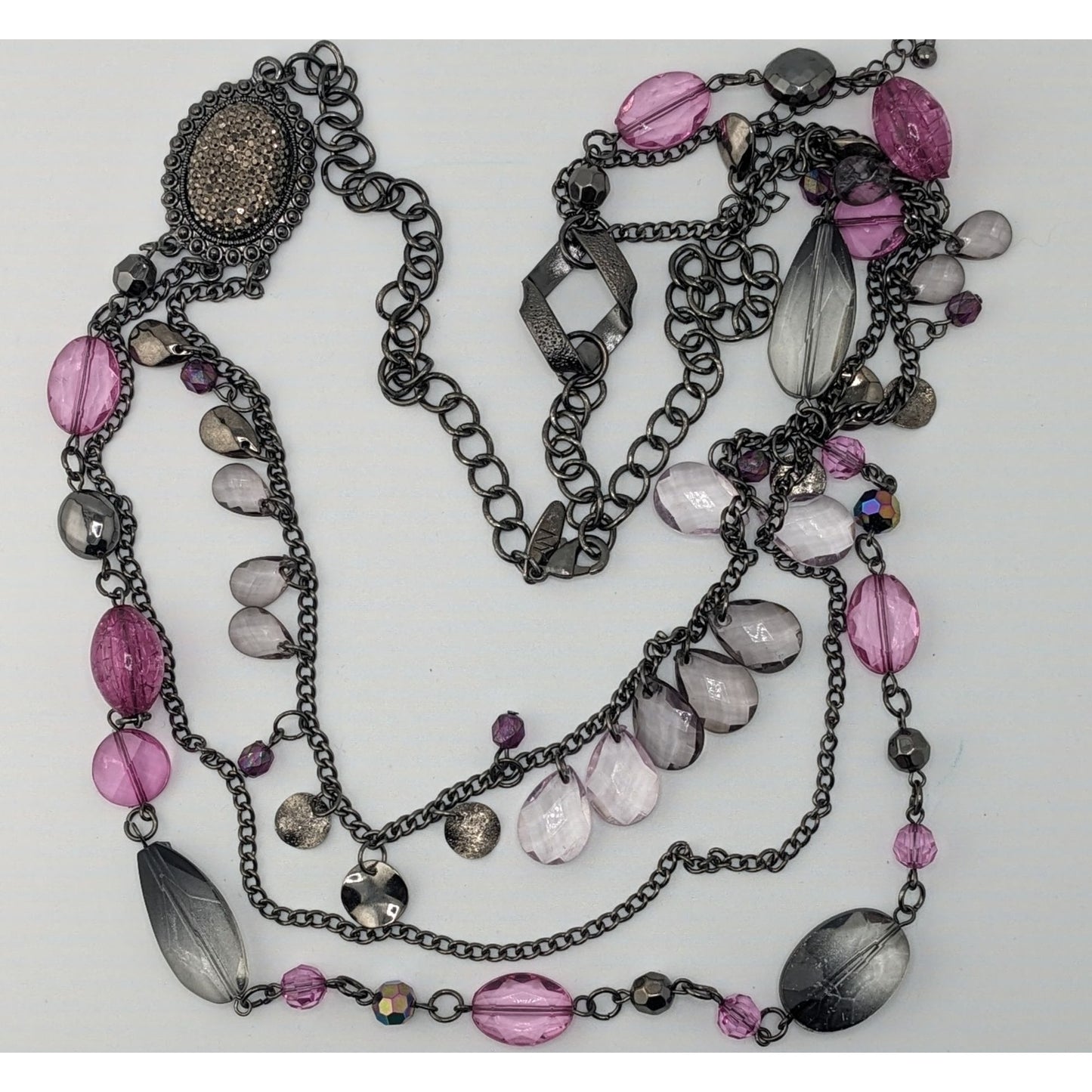 Y2K Glam Goth Multi-Layered Necklace With Pink & Silver Tone Beads