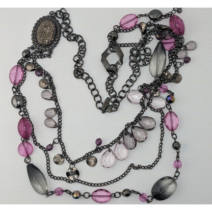 Y2K Glam Goth Multi-Layered Necklace With Pink & Silver Tone Beads