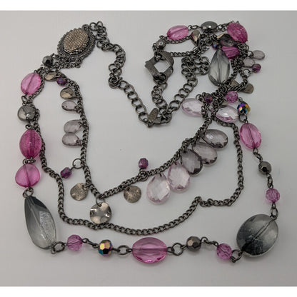 Y2K Glam Goth Multi-Layered Necklace With Pink & Silver Tone Beads