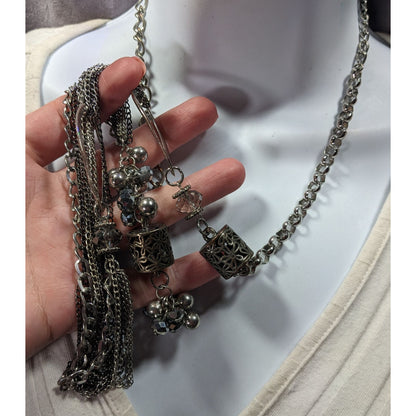 CG Brutalist Abstract Chain Necklace With Floral Cage And Bead Accents