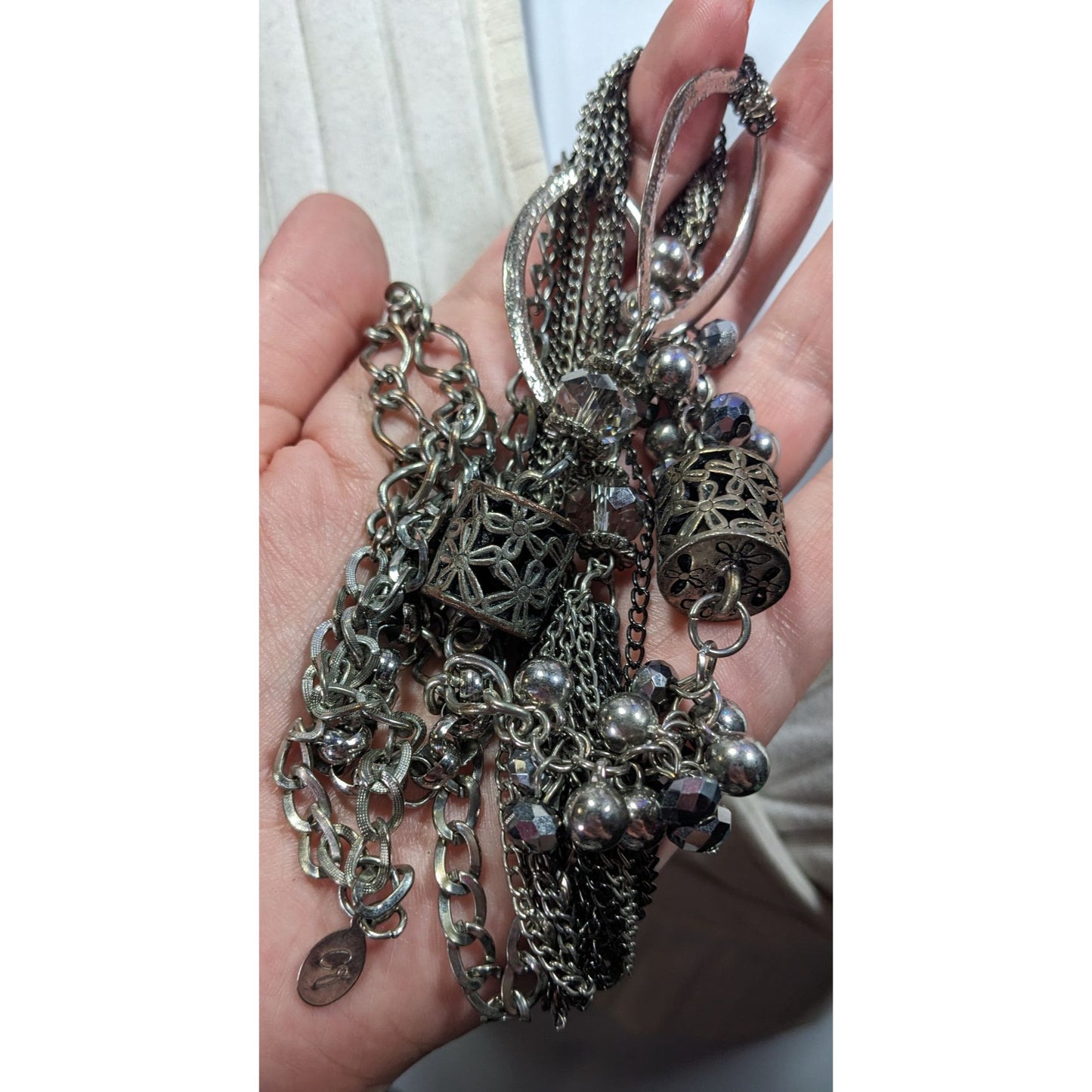 CG Brutalist Abstract Chain Necklace With Floral Cage And Bead Accents