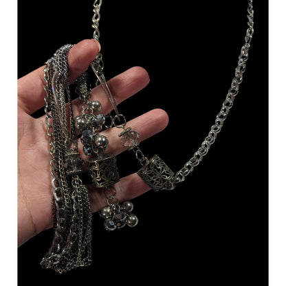 CG Brutalist Abstract Chain Necklace With Floral Cage And Bead Accents