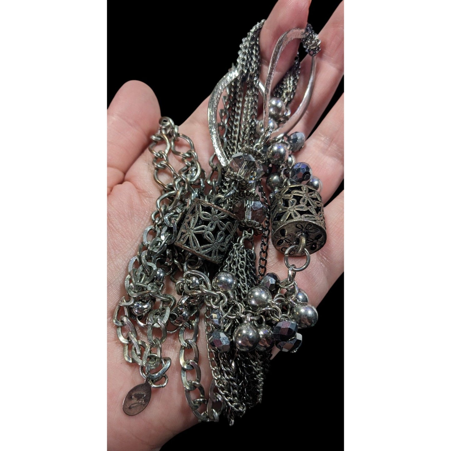 CG Brutalist Abstract Chain Necklace With Floral Cage And Bead Accents