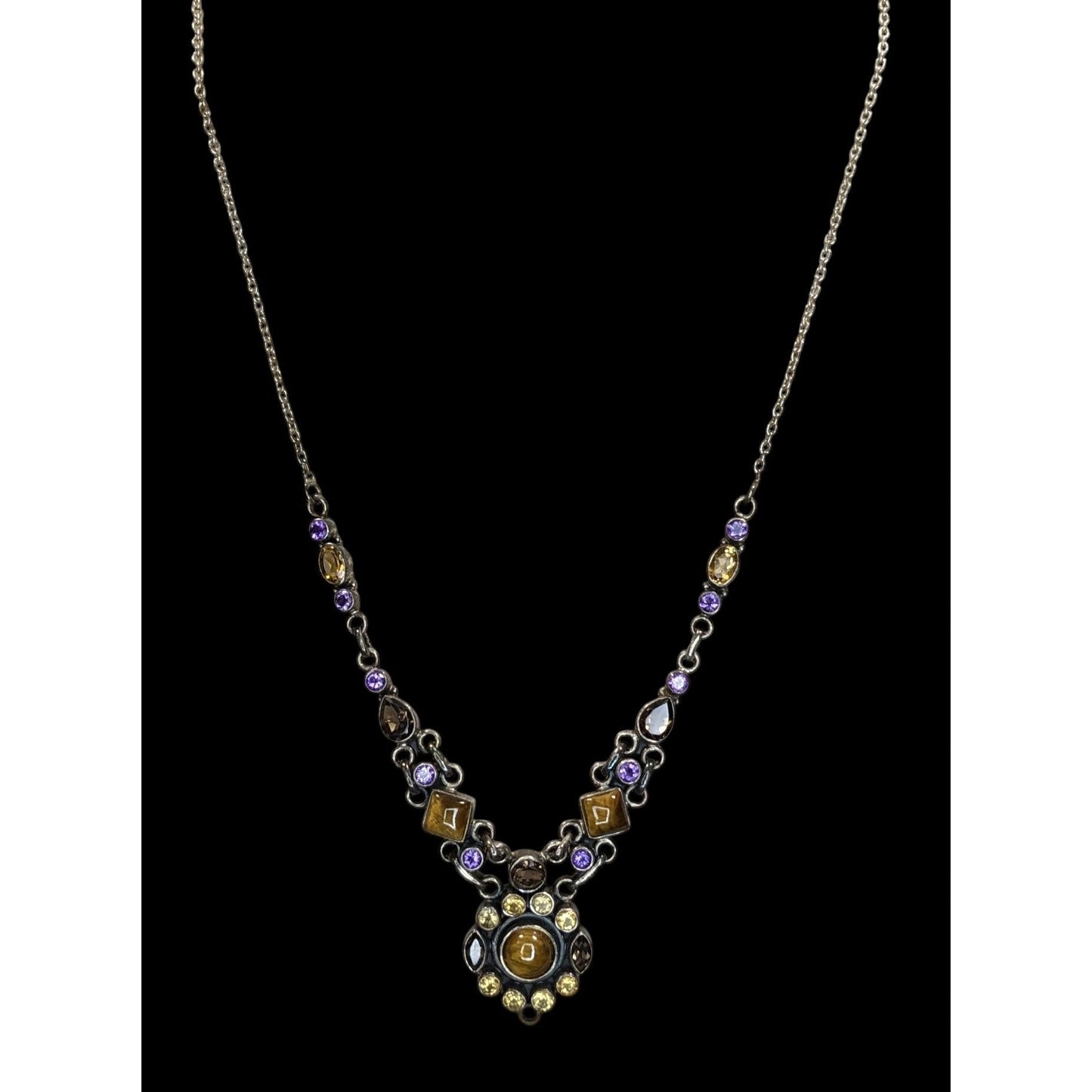 Vintage Sterling Silver Gemstone Necklace SLG India Tiger Eye Purple Citrine Statement Necklace