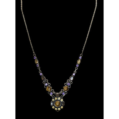 Vintage Sterling Silver Gemstone Necklace SLG India Tiger Eye Purple Citrine Statement Necklace