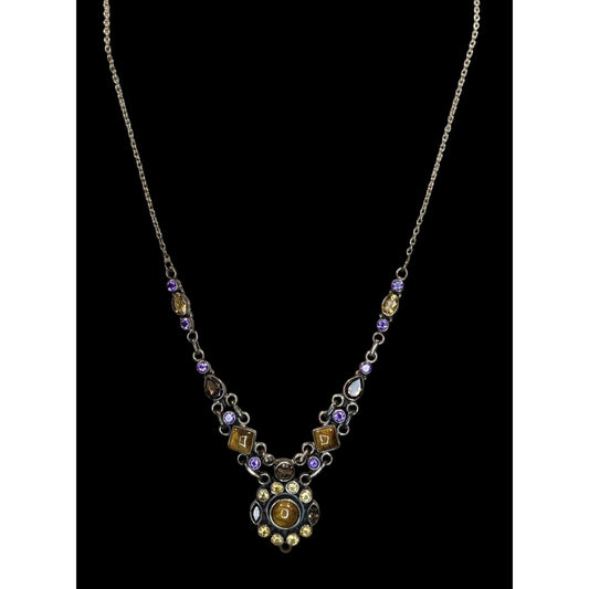 Vintage Sterling Silver Gemstone Necklace SLG India Tiger Eye Purple Citrine Statement Necklace