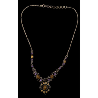Vintage Sterling Silver Gemstone Necklace SLG India Tiger Eye Purple Citrine Statement Necklace