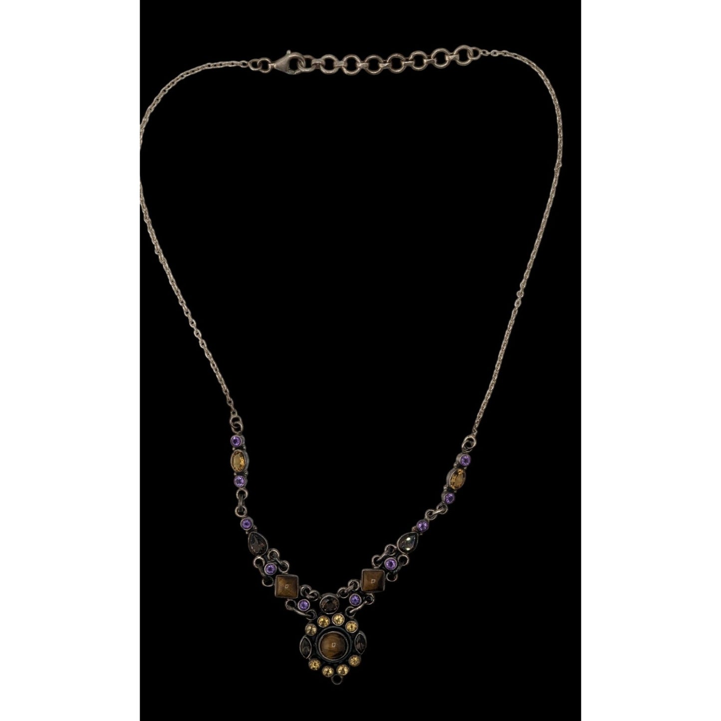 Vintage Sterling Silver Gemstone Necklace SLG India Tiger Eye Purple Citrine Statement Necklace