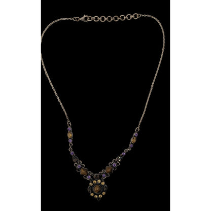 Vintage Sterling Silver Gemstone Necklace SLG India Tiger Eye Purple Citrine Statement Necklace