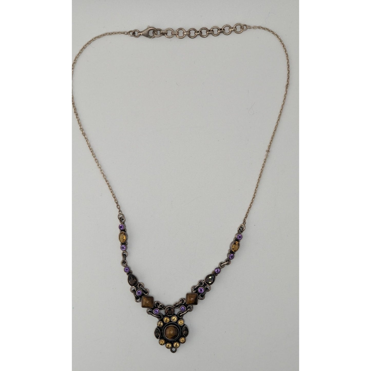 Vintage Sterling Silver Gemstone Necklace SLG India Tiger Eye Purple Citrine Statement Necklace