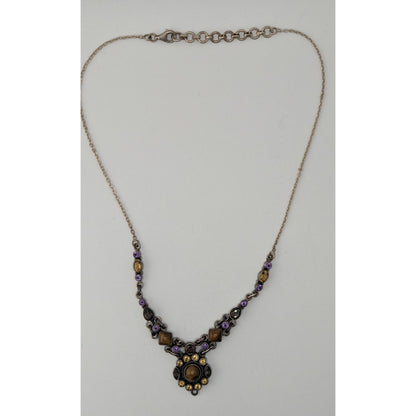 Vintage Sterling Silver Gemstone Necklace SLG India Tiger Eye Purple Citrine Statement Necklace