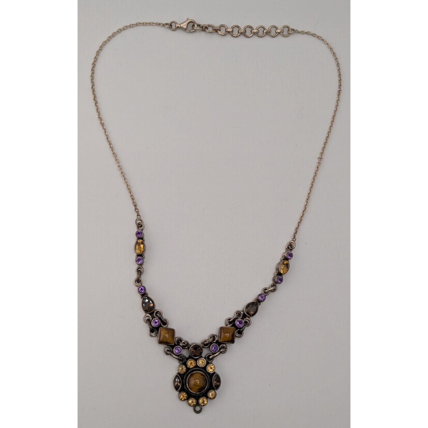 Vintage Sterling Silver Gemstone Necklace SLG India Tiger Eye Purple Citrine Statement Necklace