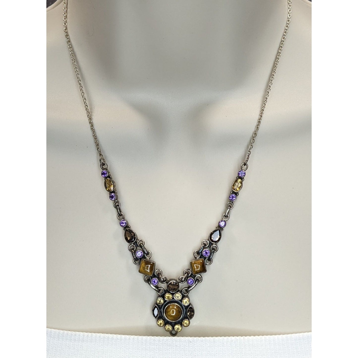 Vintage Sterling Silver Gemstone Necklace SLG India Tiger Eye Purple Citrine Statement Necklace
