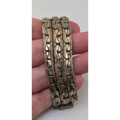 Vintage Retro Gold Tone Triple Strand Textured Link Bracelet 7 Inch