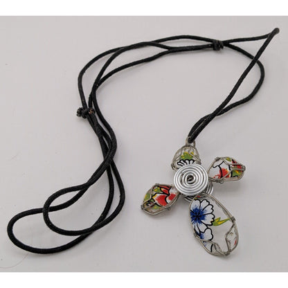 Floral Wire Wrapped Glass Cross Pendant Necklace