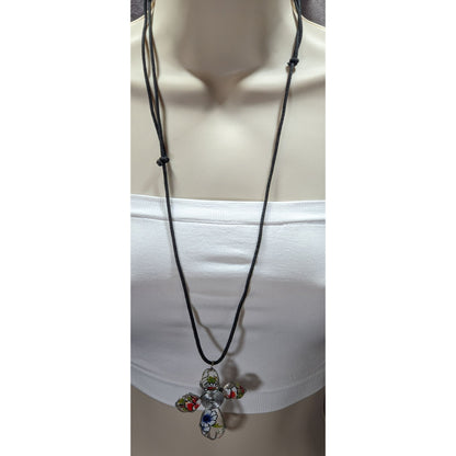Floral Wire Wrapped Glass Cross Pendant Necklace
