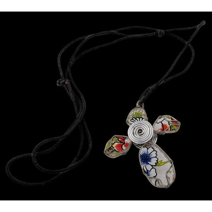Floral Wire Wrapped Glass Cross Pendant Necklace