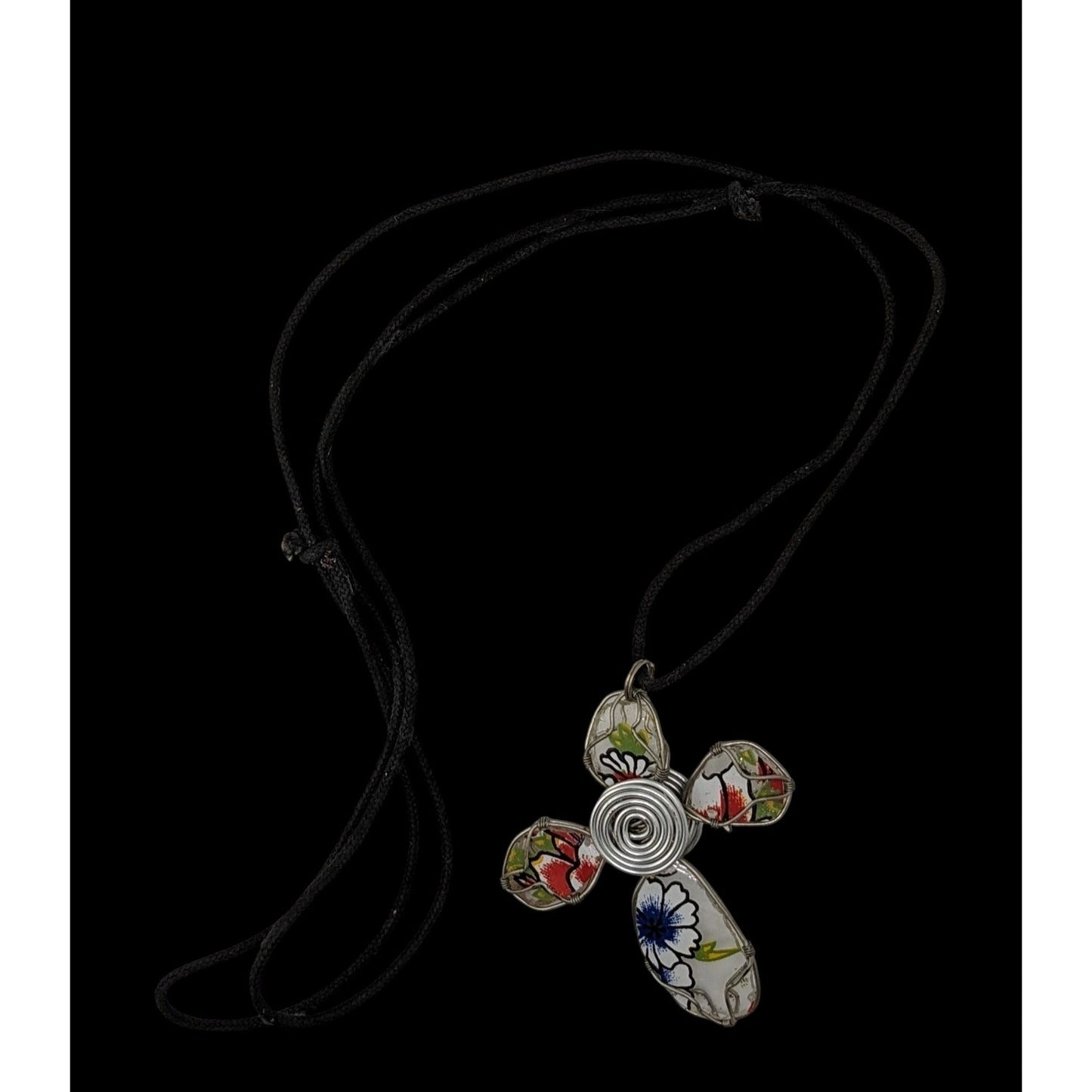Floral Wire Wrapped Glass Cross Pendant Necklace