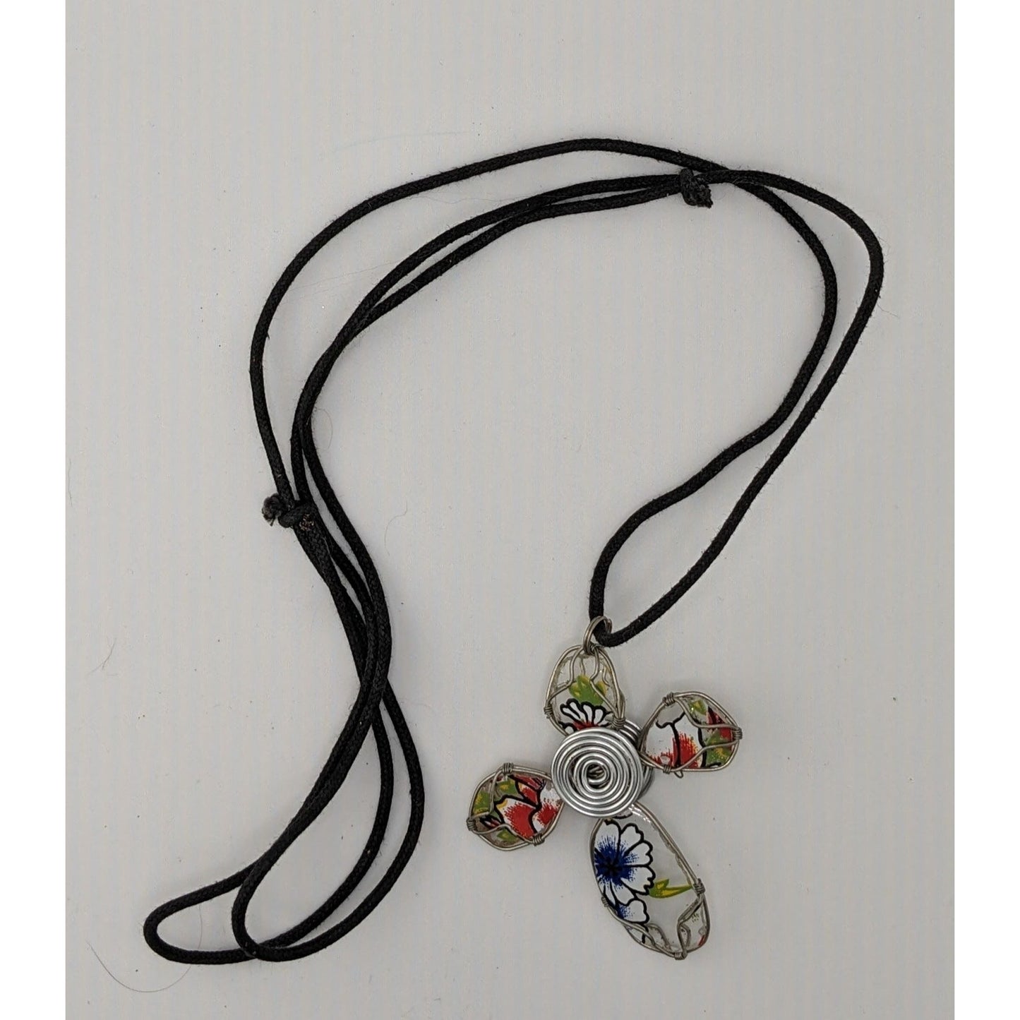 Floral Wire Wrapped Glass Cross Pendant Necklace