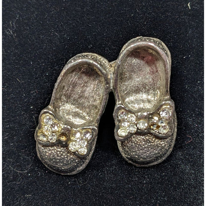 Vintage Baby Shoe Brooch Silver Tone With Rhinestones