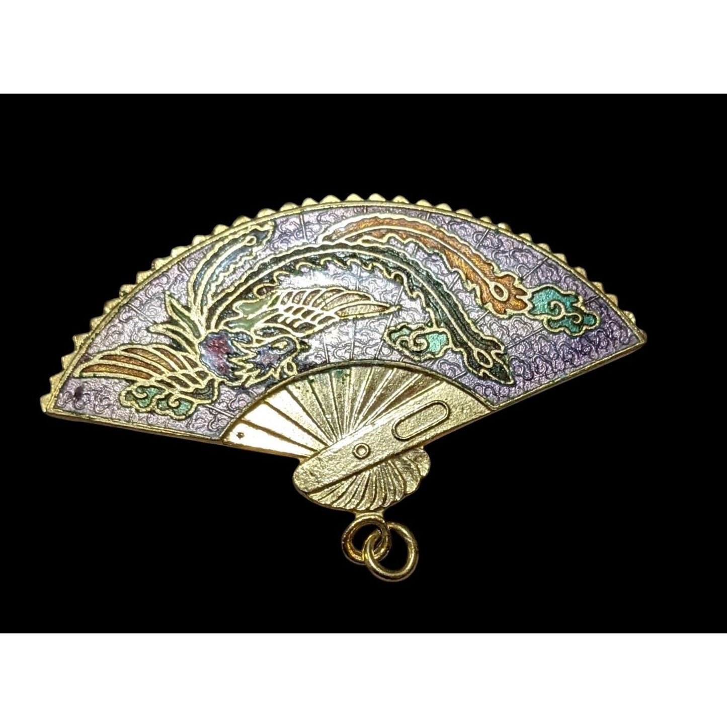 Vintage Cloisonne Enamel Phoenix Fan Brooch